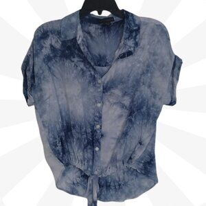 Sanctuary Tie Dye Cropped Tie Front Short Roll Tab Sleeve Collared Top Size S